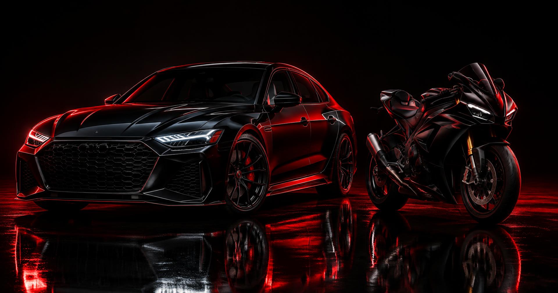 Carro e moto modernos com iluminação vermelha