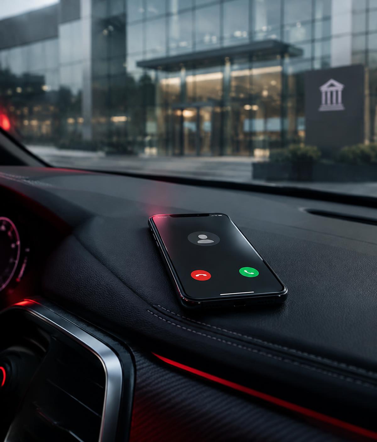 Celular recebendo chamada no painel do carro, em frente a um banco